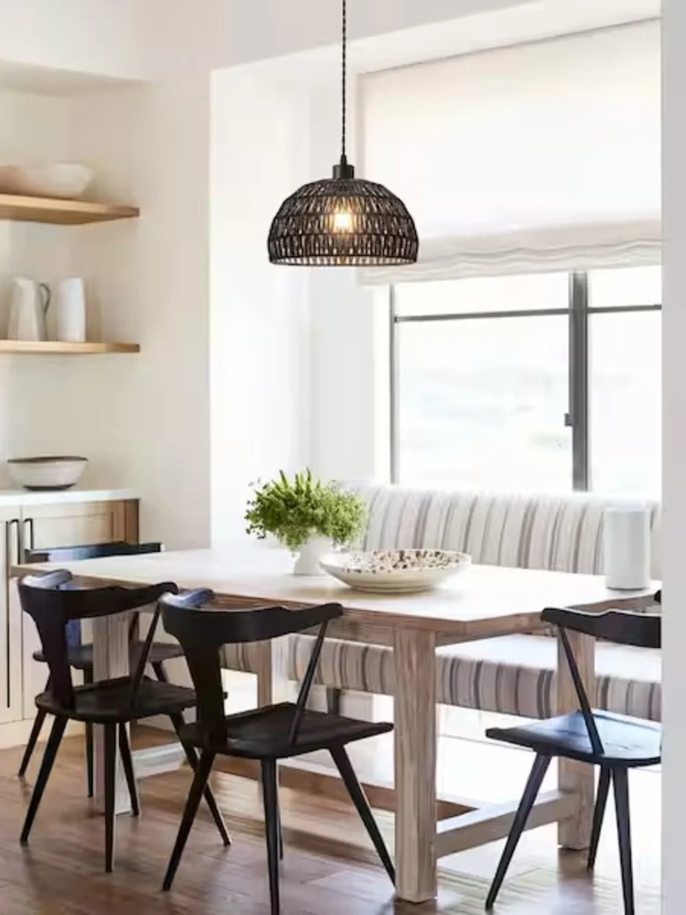 Black Rattan Plug-In Pendant Light Boho Dome Hanging Lamp
